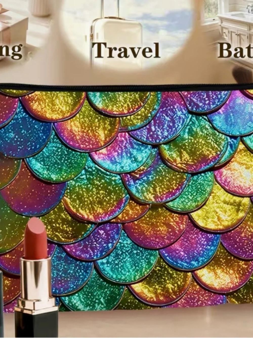 Matte finish Multicolor Mermaid Scale printed Cosmetic Bag
